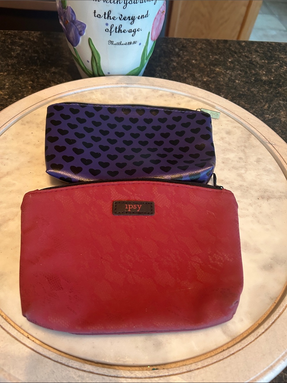 ipsy Red Cosmetic Pouch with Purple Heart Print Pouch